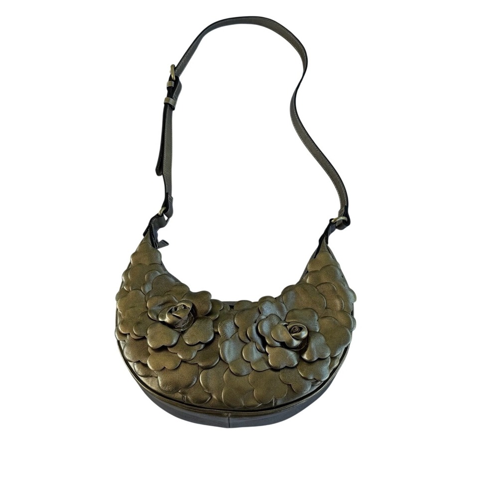 Patricia Nash Coley Gold Leather Crescent Hobo Shoulder Bag Floral Rose Applique